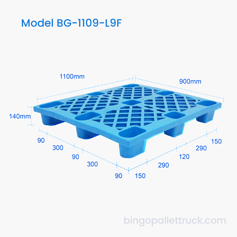 1100 × 900 mm Odolná, ľahká, deväťstopá HDPE plastová paleta na manipuláciu s materiálom