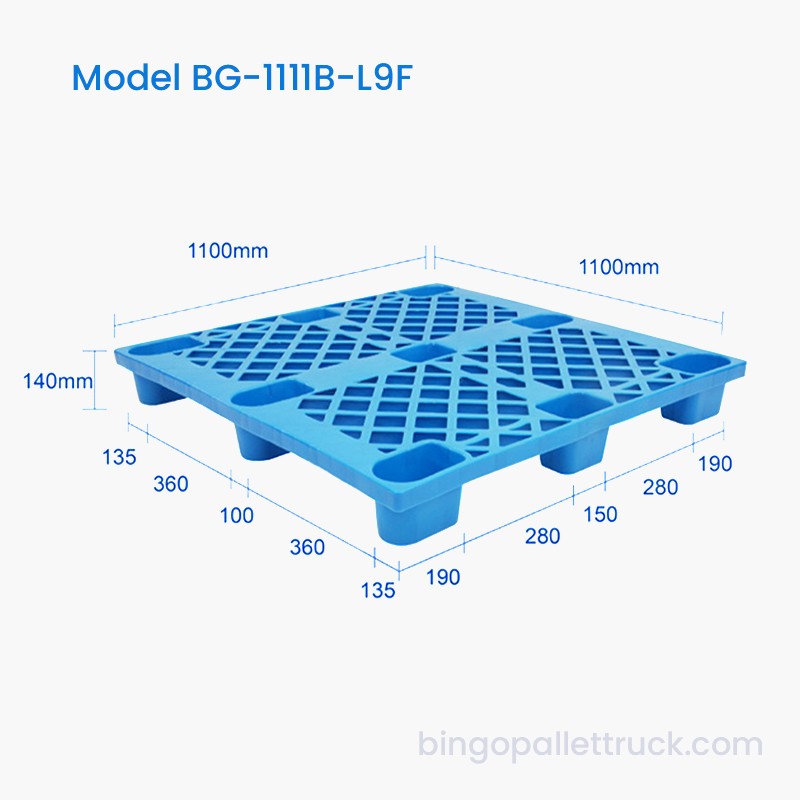 1100 x 1100 mm 9-nohá plastová paleta optimalizovaná pre paletový zdvihák a vysokozdvižný vozík