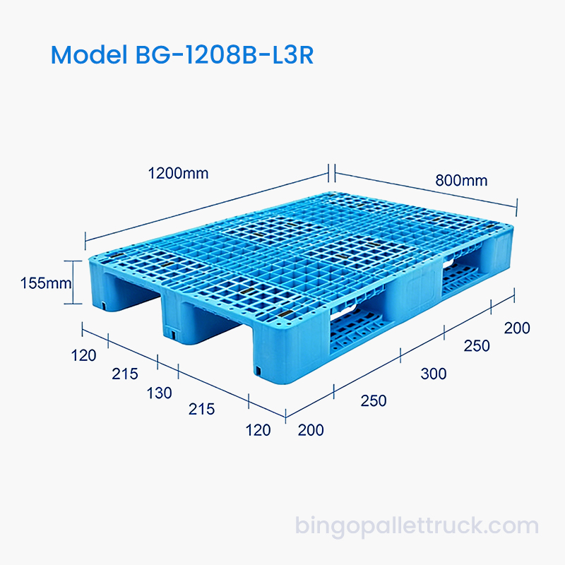 Vysokopevnostná 1200 x 800 mm plastová paleta s 3 koľajnicami s dlhou životnosťou