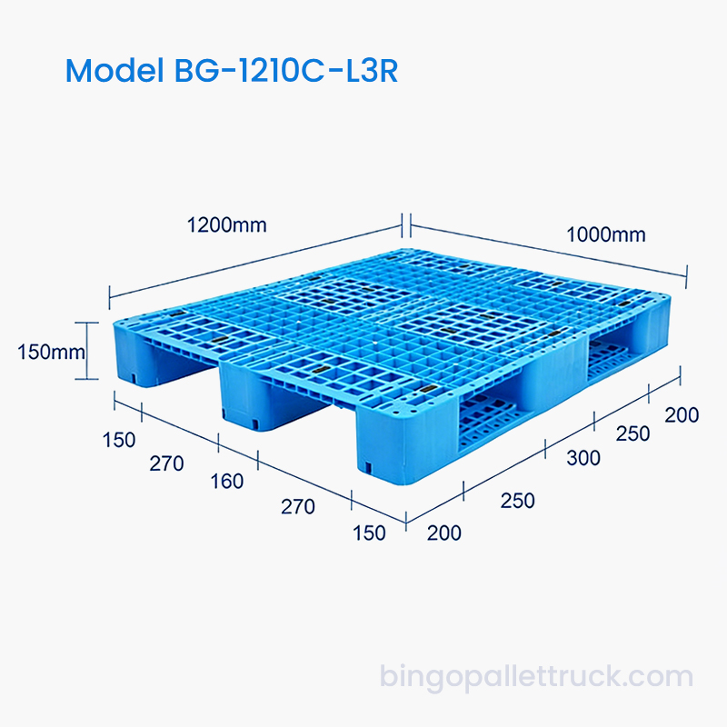 Plastová paleta s rozmermi 1200 x 1000 mm so zosilnenými vodiacimi lištami pre ťažké ľahké náklady